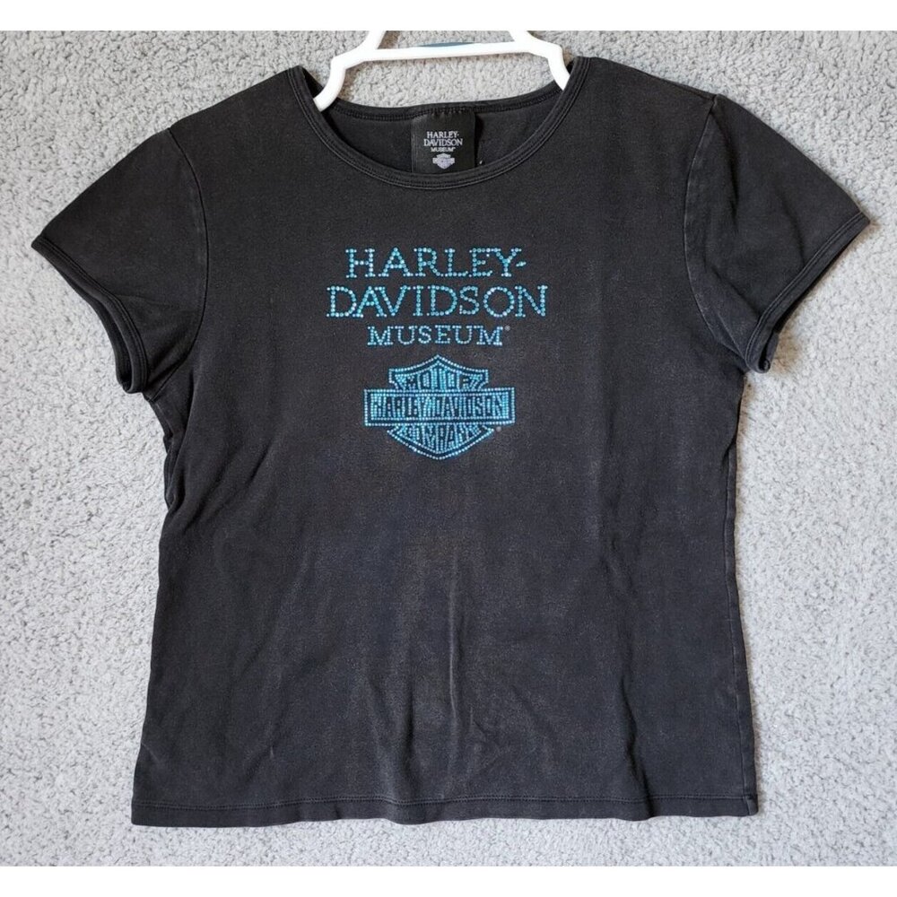 Harley Davidson Museum‎ Women's Short Sleeve T Shirt Black/Blue Rhinestones Sz L